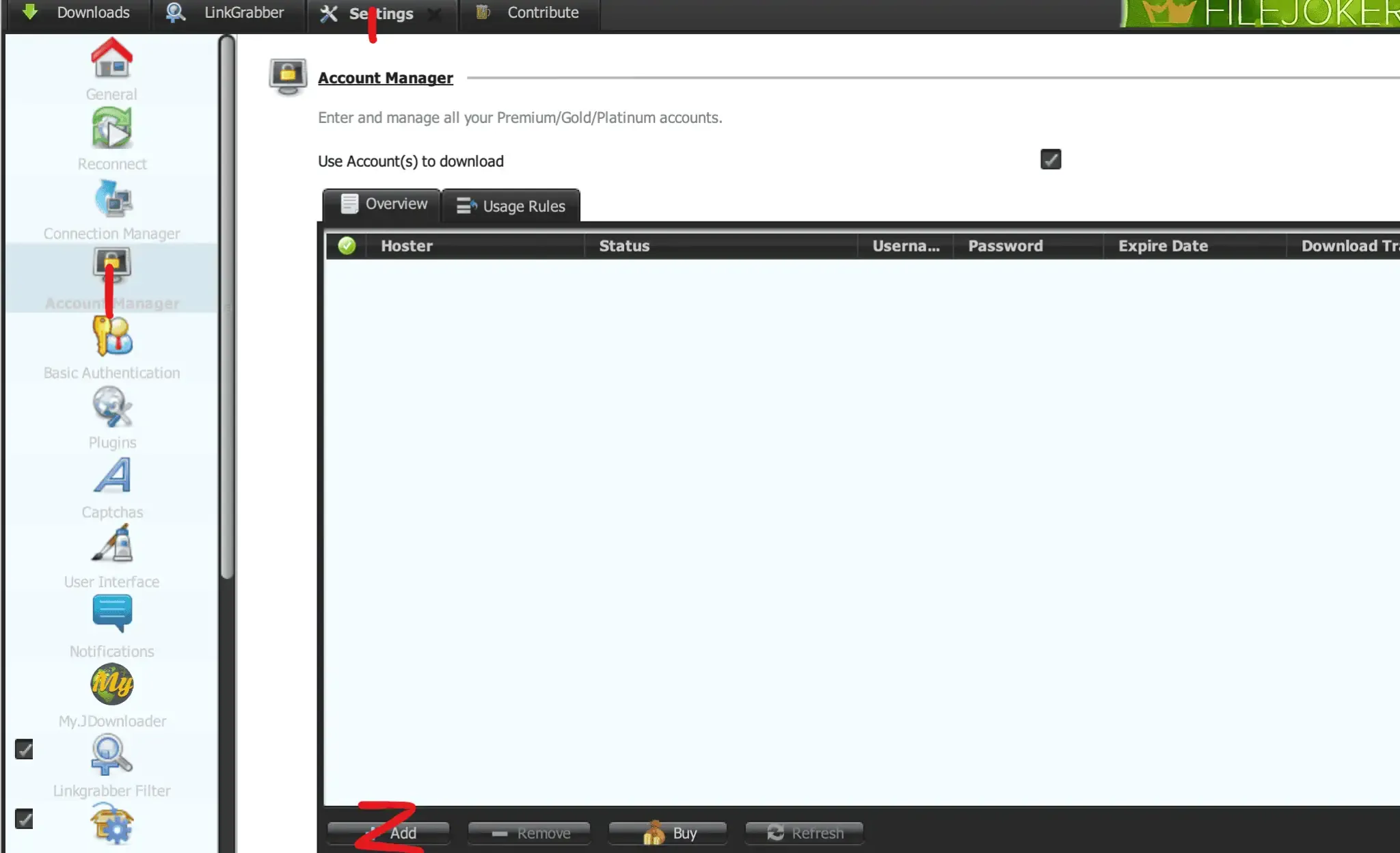 JDownloader 2 Settings Account Manager