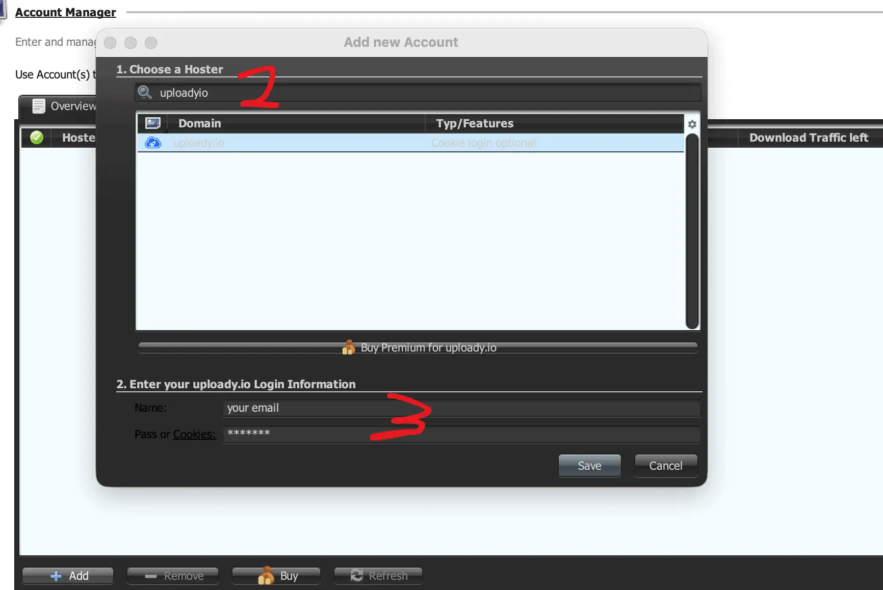 Enter Uploady account credentials in JDownloader 2
