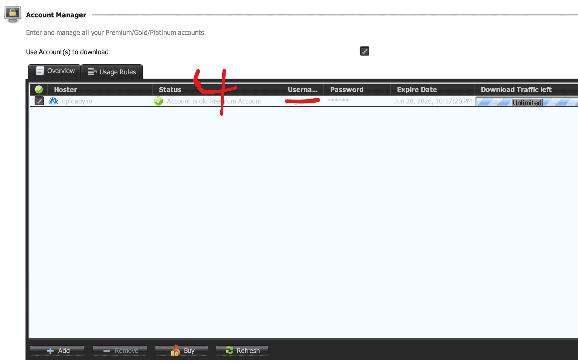 Uploady Premium account verified in JDownloader 2