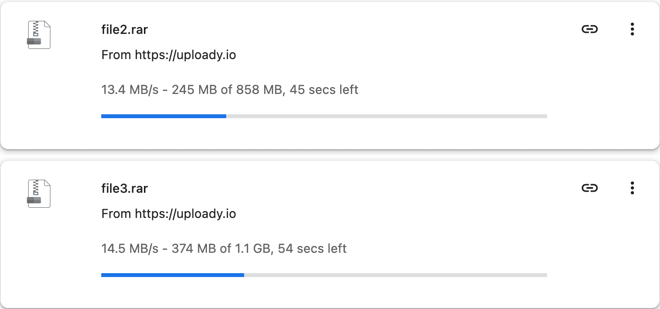 Uploady Premium parallel browser download test at 13.4 and 14.5 MB/s