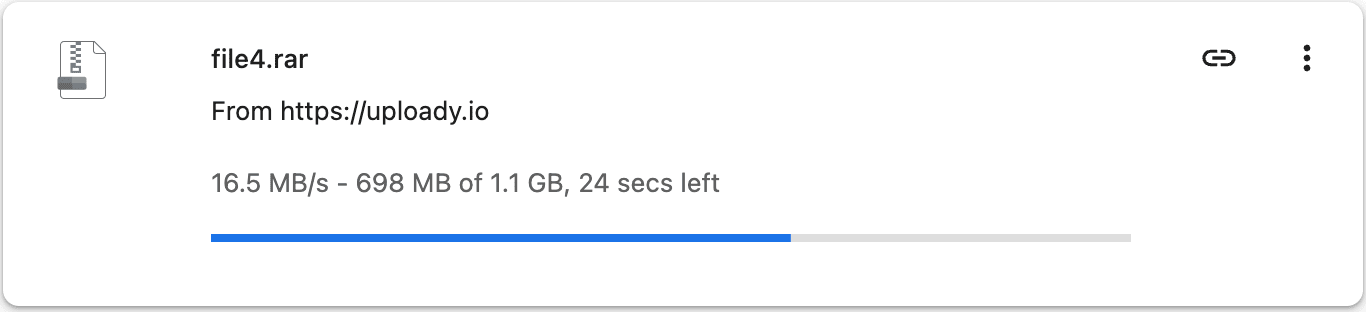 Uploady Premium single-file browser speed test at 16.5 MB/s