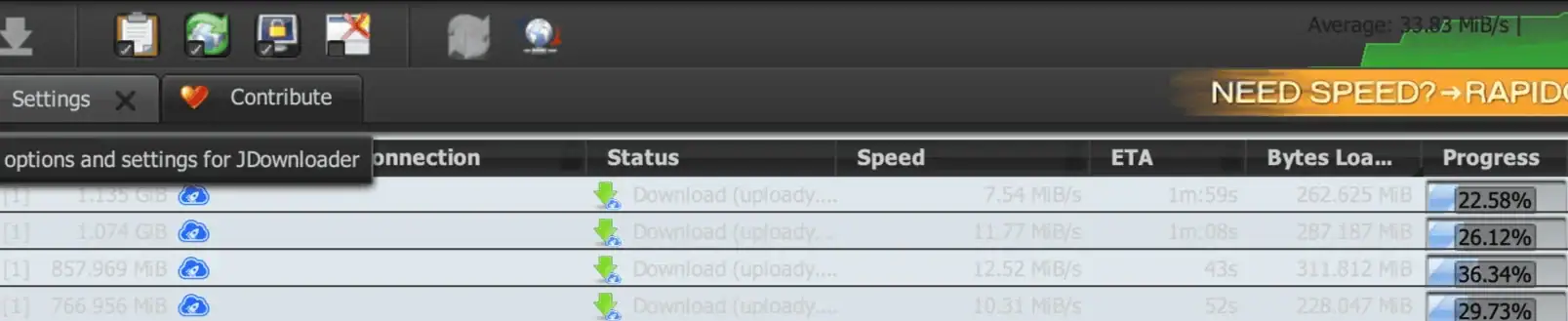 Uploady Premium JDownloader Speedtest mit 42,14 MiB/s